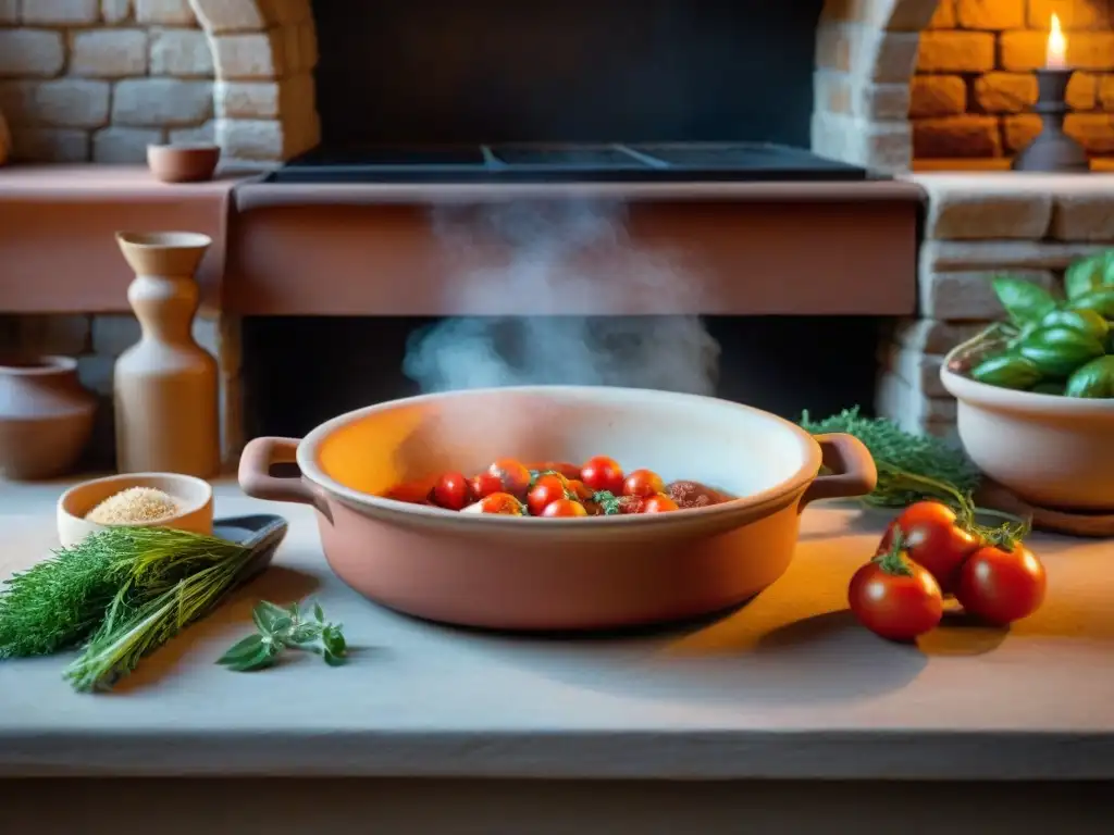 Una cazuela de terracota en una cocina toscana tradicional, rodeada de hierbas frescas y tomates maduros, iluminada por el fuego crepitante