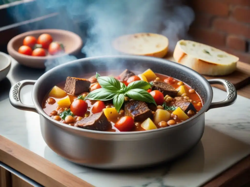 Una cazuela de terracota en una cocina toscana, llena de un guiso burbujeante y aromático