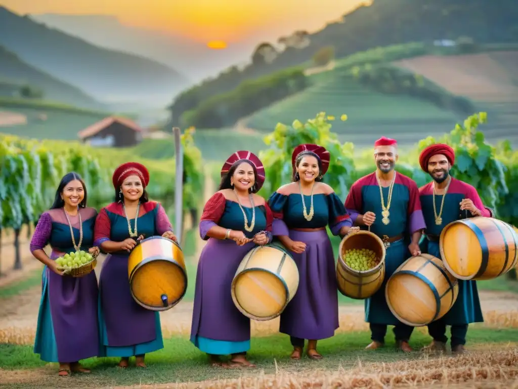 Una celebración ancestral de fiesta de vendimia con indígenas alegres y coloridos, bailando y pisando uvas al atardecer dorado