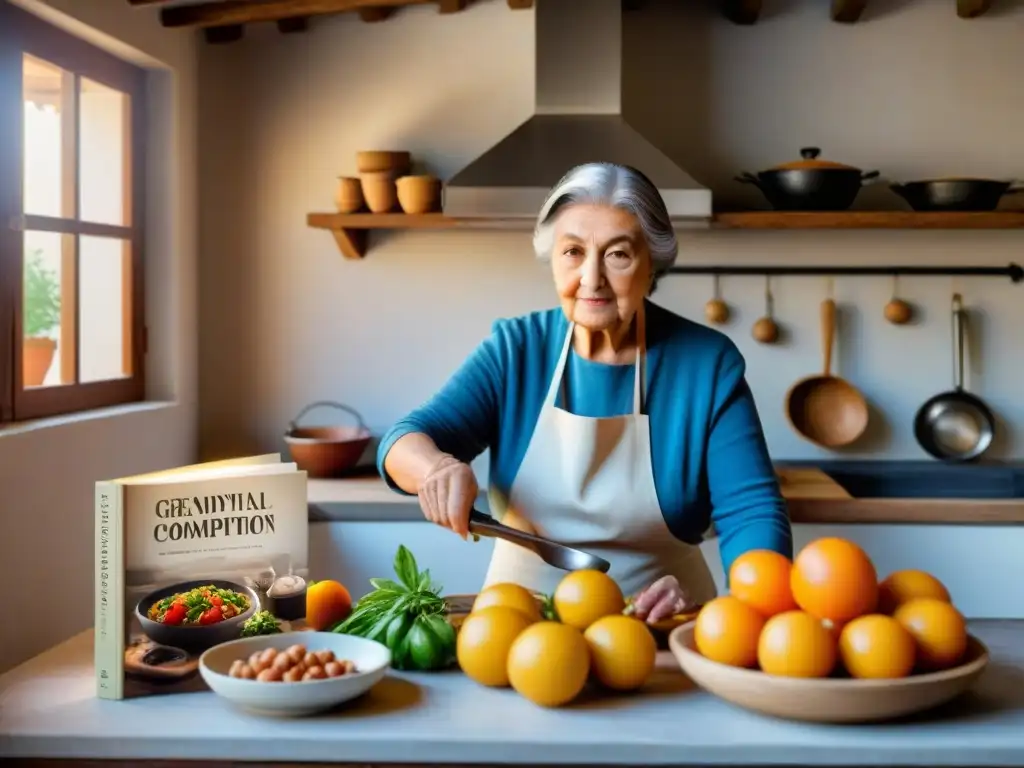 Celebración de la cocina italiana tradicional: nonna cocinando con libros de recetas centenarios y ingredientes frescos