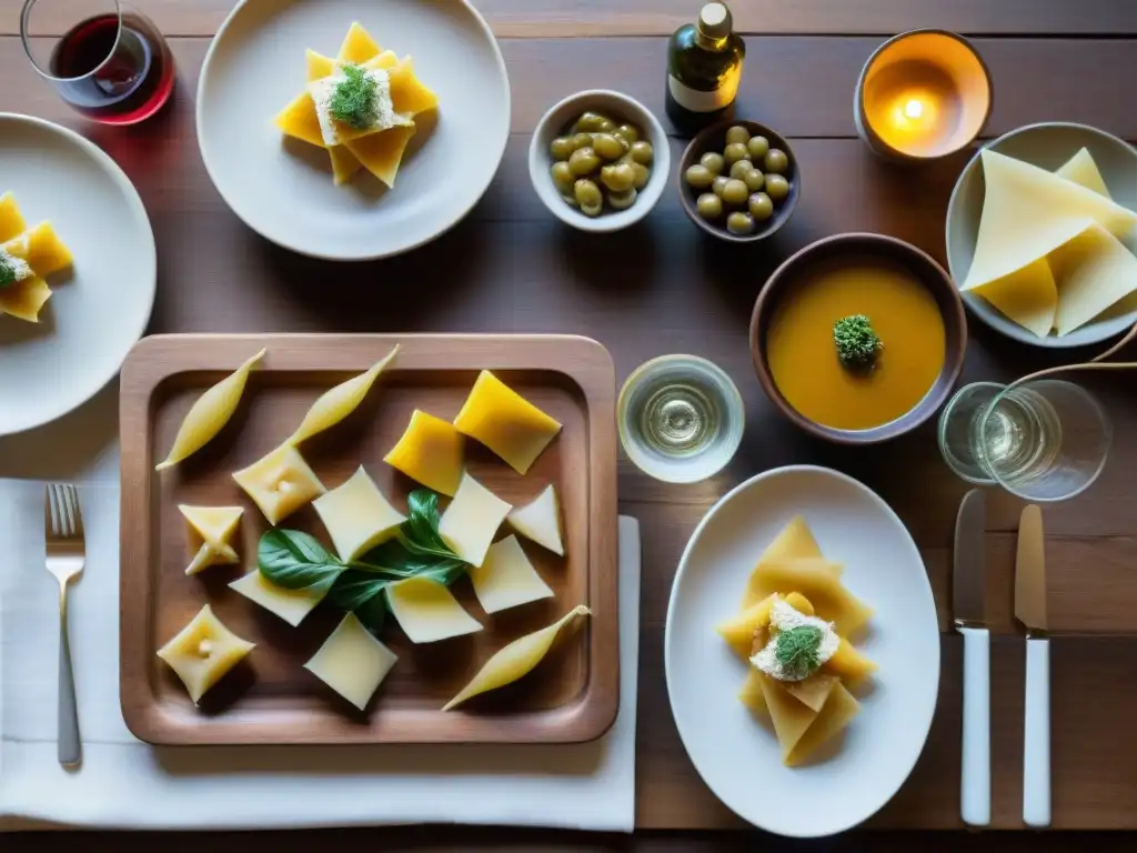 Una celebración Bagna Cauda Day en Piamonte: mesa de madera con platos y vino Barolo, iluminada por velas