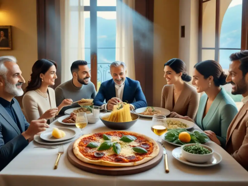 Celebración religiosa en cocina italiana: Familia reunida alrededor de mesa con platos italianos tradicionales