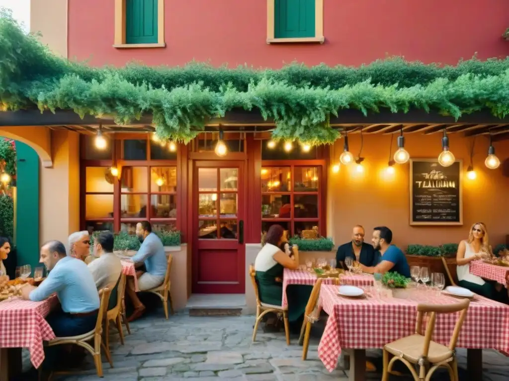 Una cena animada en un restaurante italiano con luces y manteles a cuadros rojos