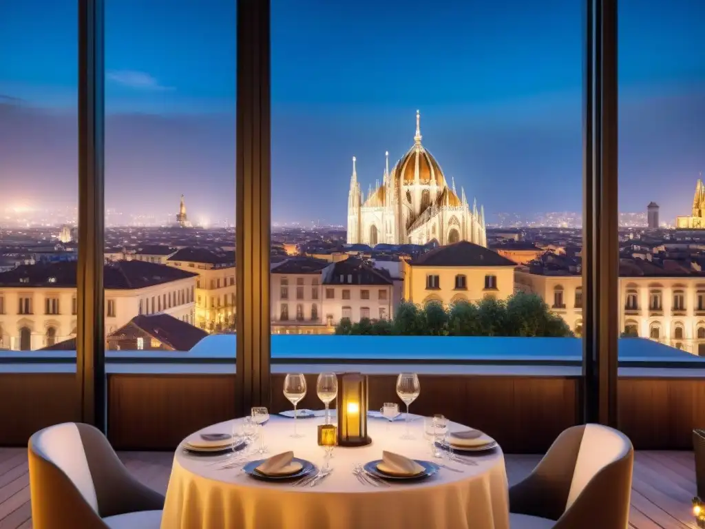 Cena exclusiva en terraza de Milán con la catedral iluminada al fondo, luces de la ciudad y atmósfera sofisticada