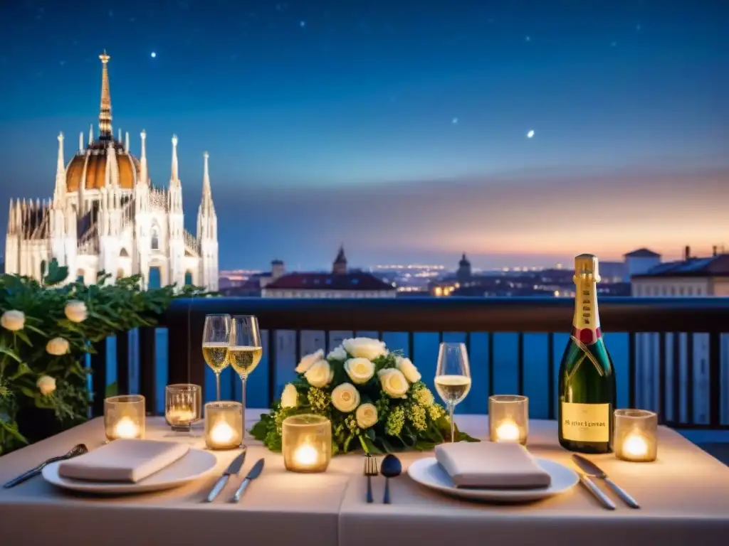 Cena exclusiva en terraza de lujo en Milán con vista a la catedral, decoración elegante y ambiente íntimo bajo las estrellas