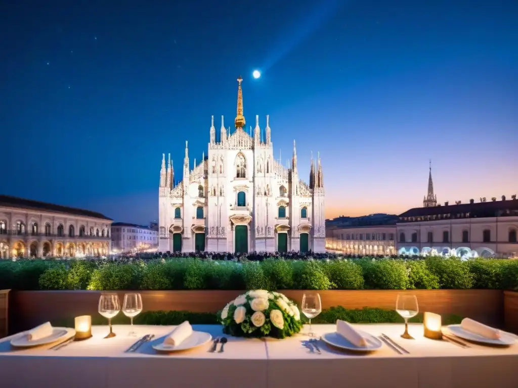 Disfruta de una cena exclusiva en una terraza de Milán con vista a la catedral en una noche estrellada