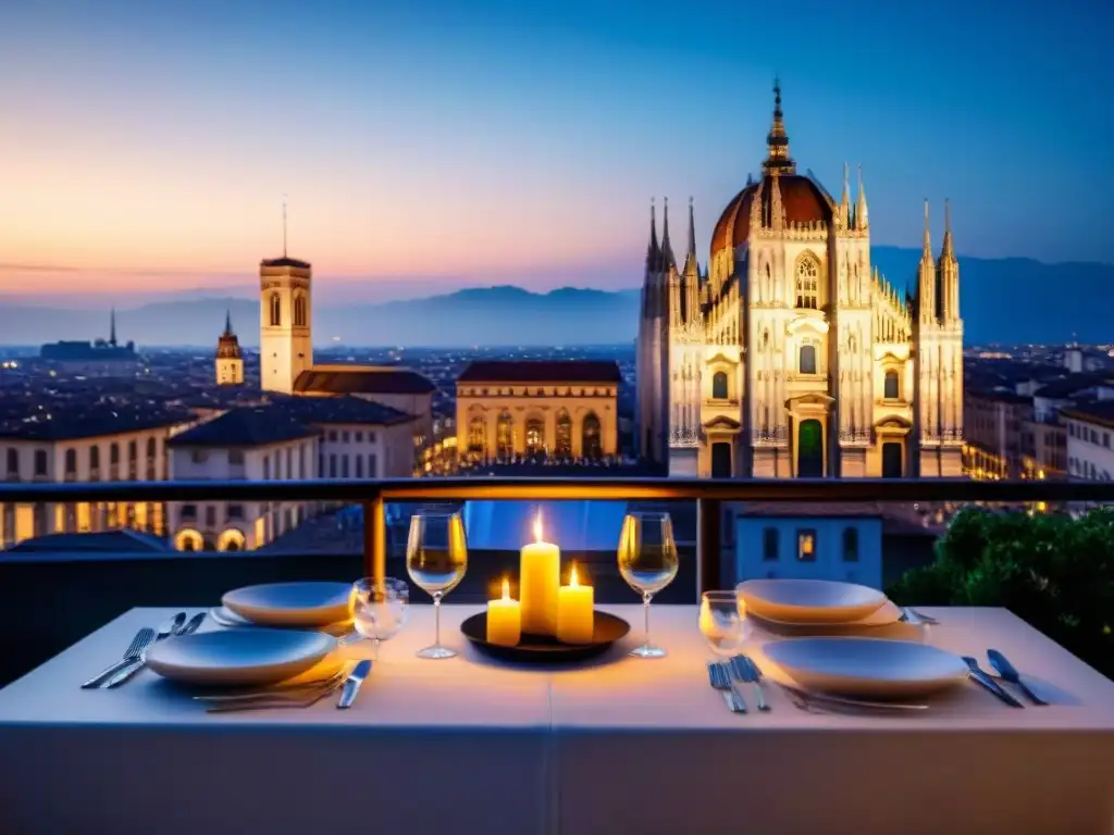 Cena exclusiva en terraza de Milán con vista a la catedral iluminada, bajo un cielo estrellado