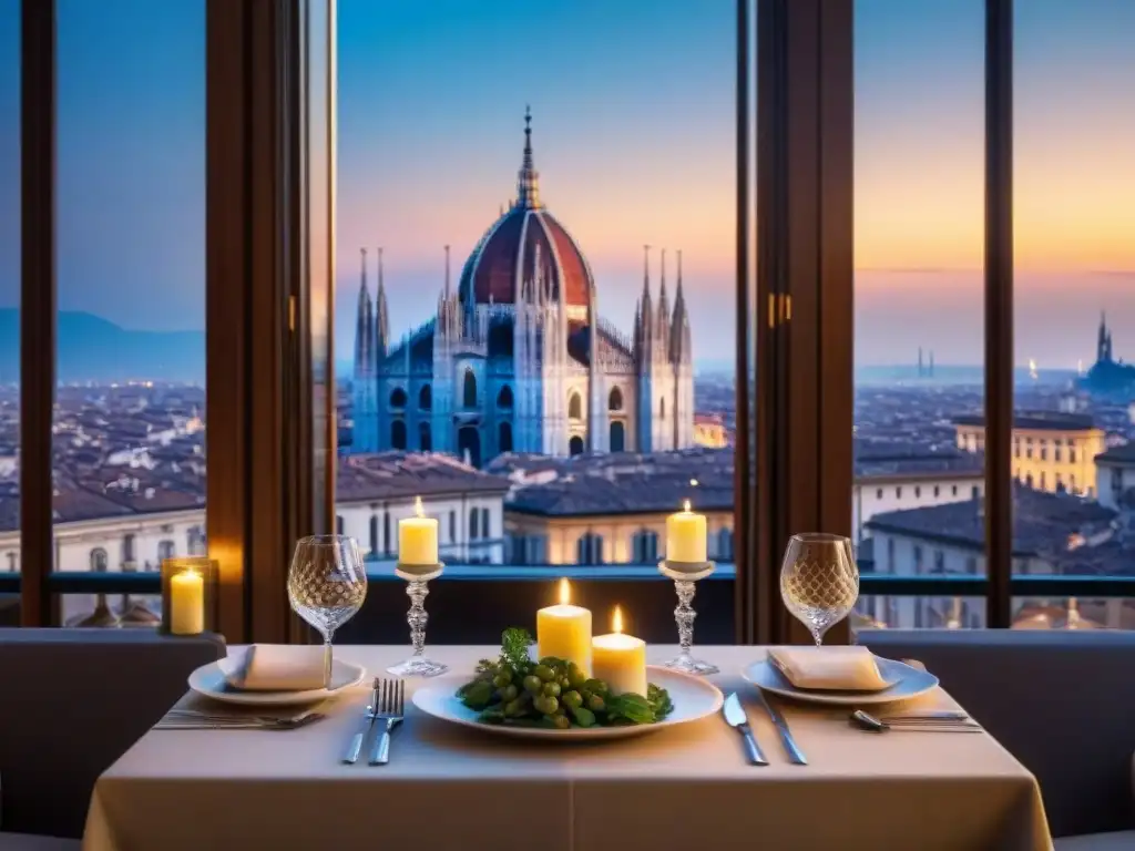 Cena exclusiva en terraza con vista a la majestuosa catedral de Milán al anochecer