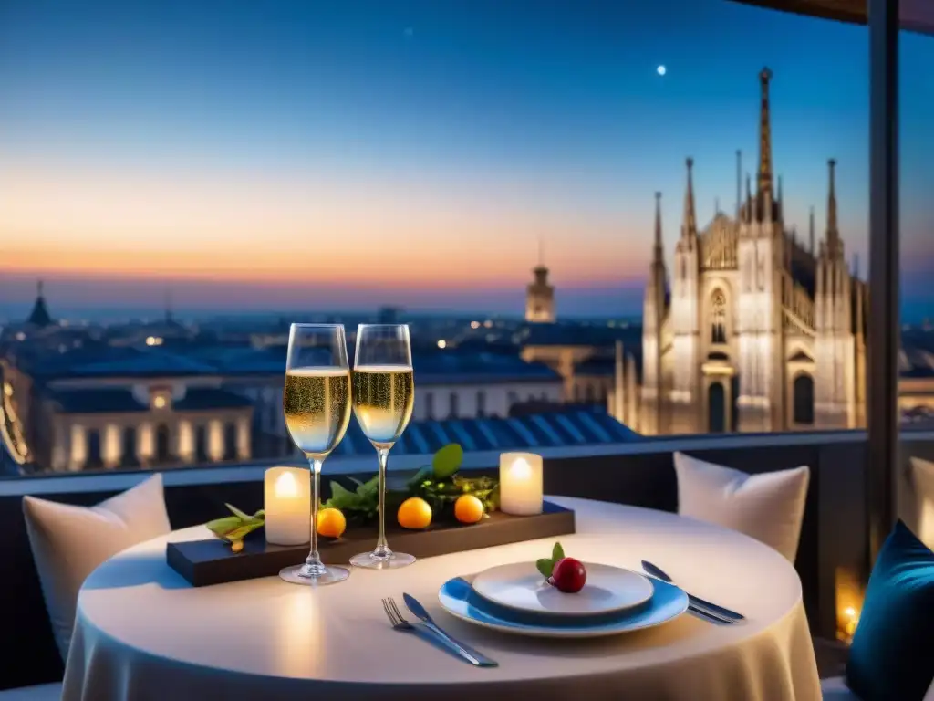 Cena exclusiva en terrazas de Milán con la catedral iluminada y ambiente romántico