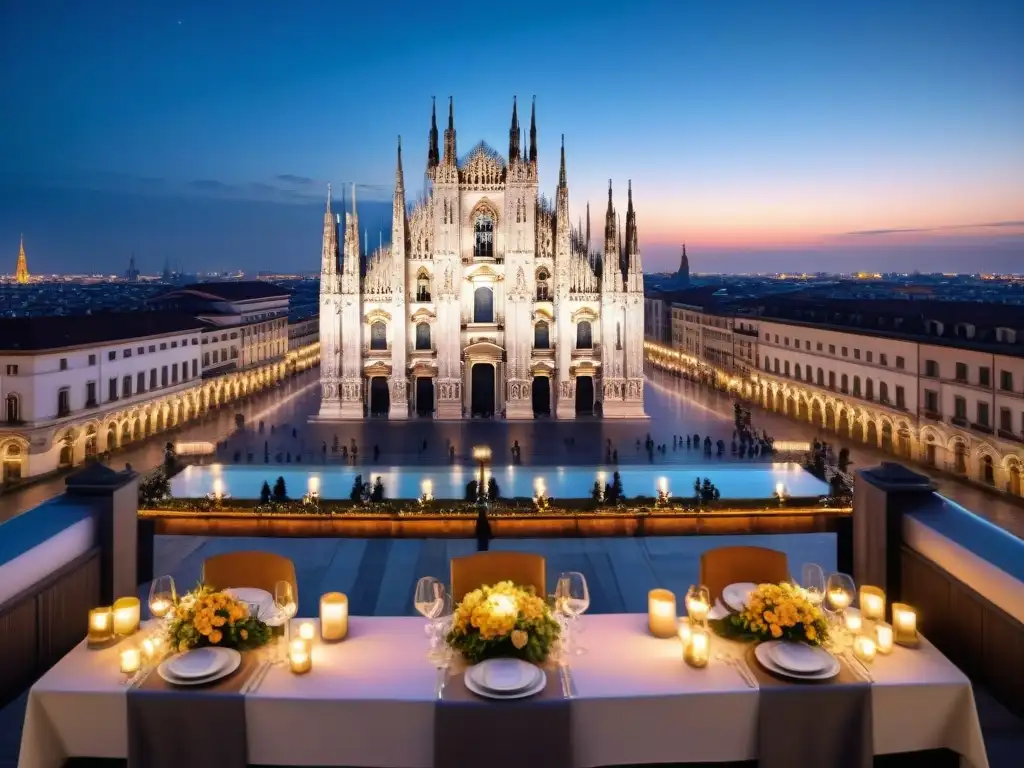 Una cena exclusiva en las terrazas de Milán, con la catedral iluminada de noche y un ambiente mágico bajo el cielo estrellado