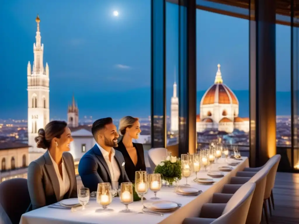 Cena exclusiva en terrazas con vista a la majestuosa Catedral de Milán, ambiente romántico bajo el cielo estrellado