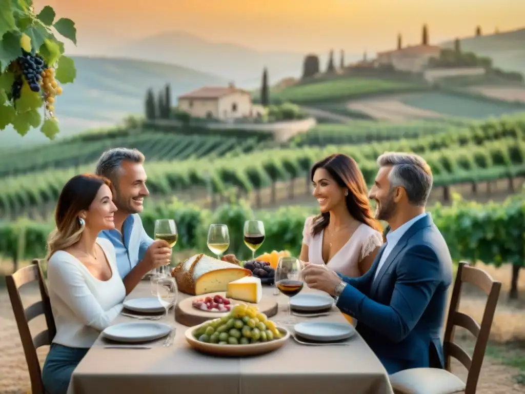 Una cena familiar en viñedo italiano al atardecer con una mesa rústica y delicias locales