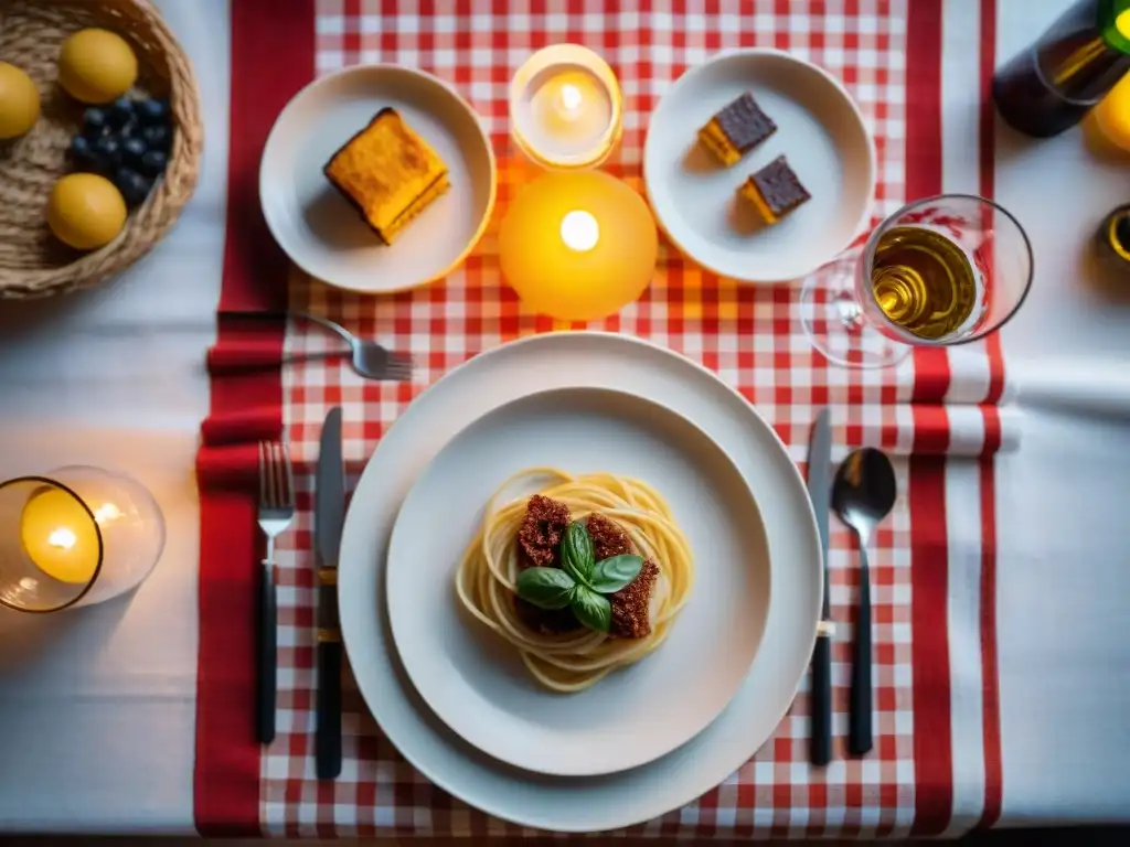 Cena romántica con platos italianos tradicionales en mesa íntima a la luz de las velas