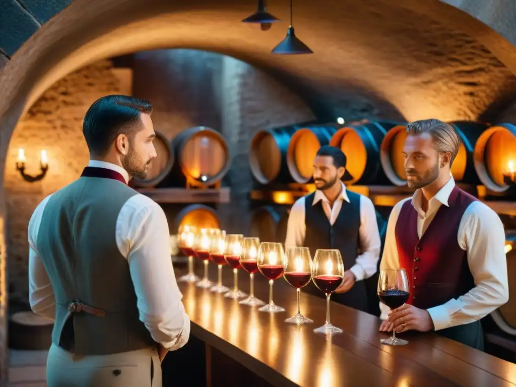 Cenas exclusivas en una bodega subterránea iluminada con sommelier y botellas de vino antiguas