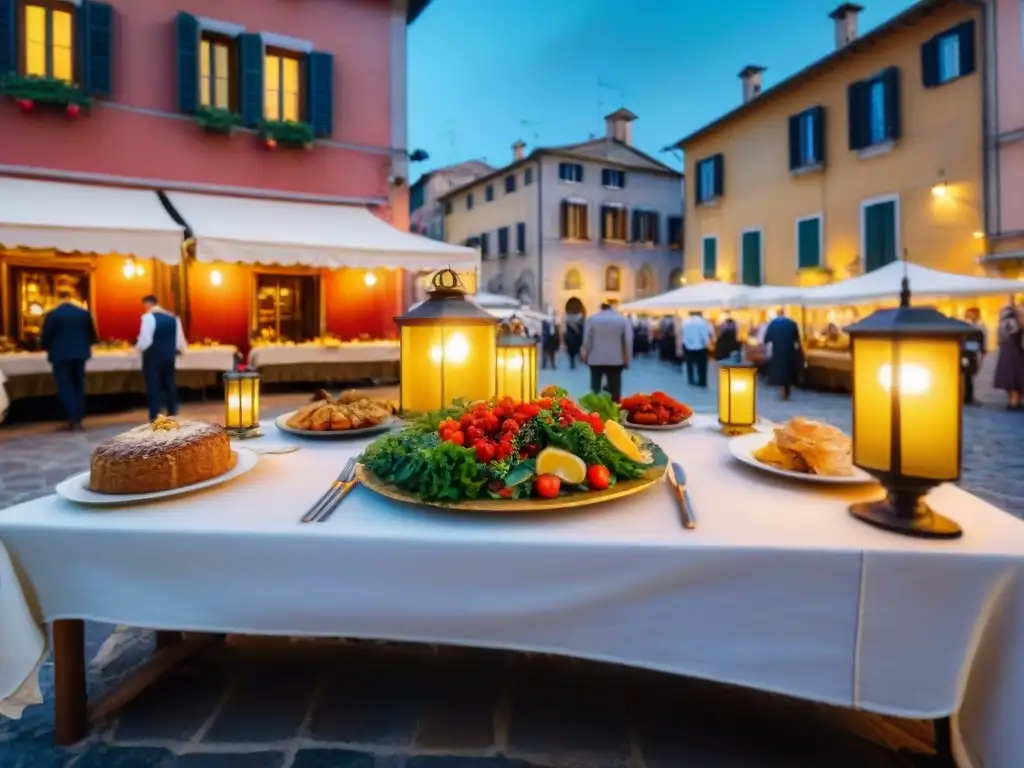 Cenas históricas Italia festivales: Mesa larga decorada con platos italianos y personas en trajes históricos en plaza al atardecer