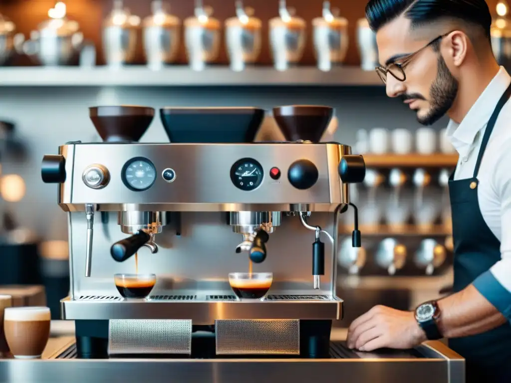 Ceremonia del espresso tradicional en una cafetería italiana, con un barista elaborando diversas bebidas de café con destreza