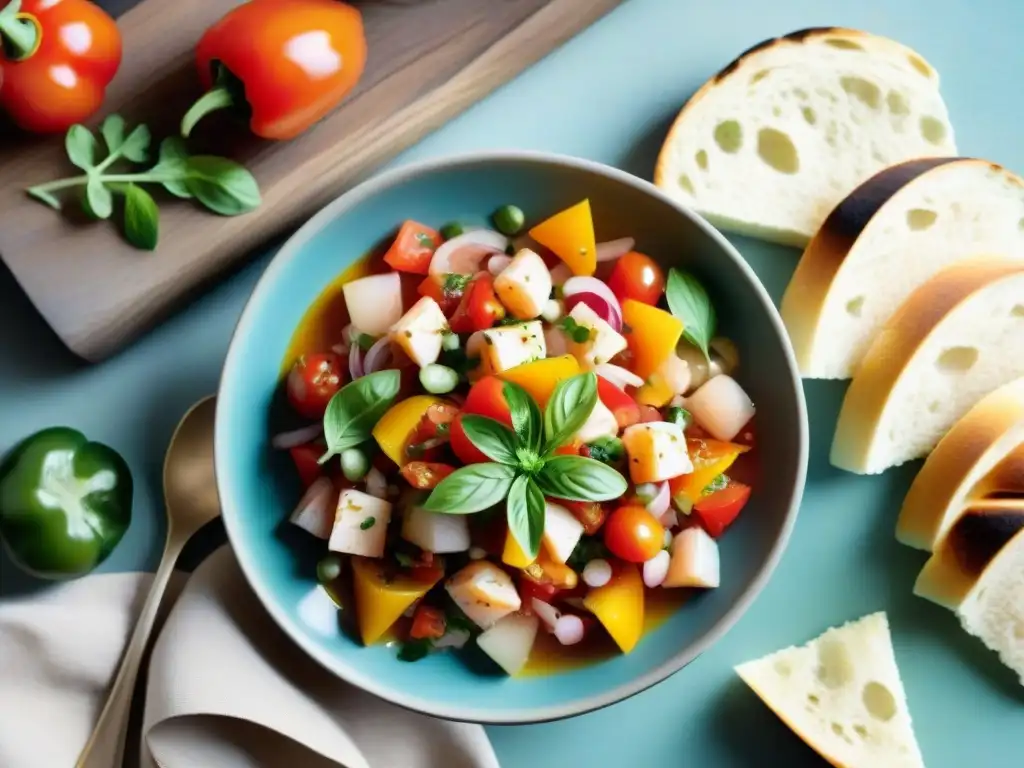 Un ceviche italiano veraniego fresco y colorido en un plato rústico, rodeado de tomates, pimientos y hierbas, con pan crujiente