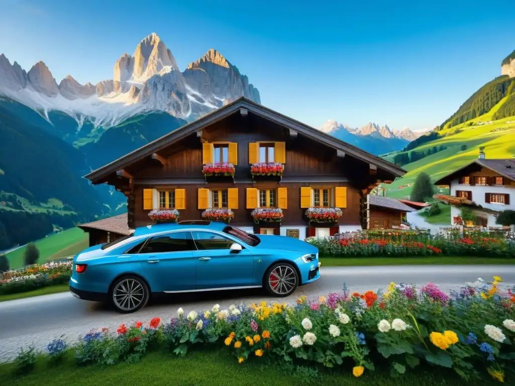 Chalet de madera tradicional con flores y auto eléctrico en Trentino Alto Adige