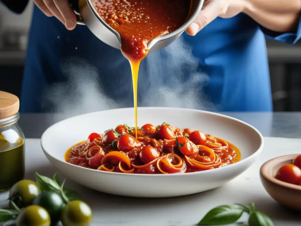 Chef mezclando aceite de oliva dorado con salsa de tomate rojo, en una fusión perfecta