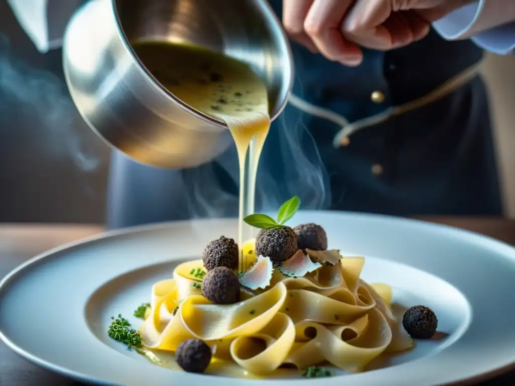 Chef añadiendo aceite de trufa a exquisita pasta casera con trufas y hierbas