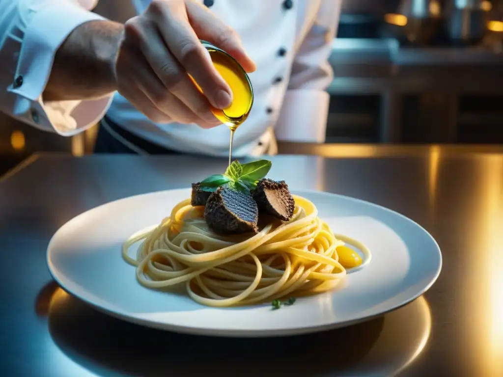 Un chef vierte aceite de trufa sobre un exquisito plato de pasta, resaltando su color dorado bajo la cálida iluminación del restaurante