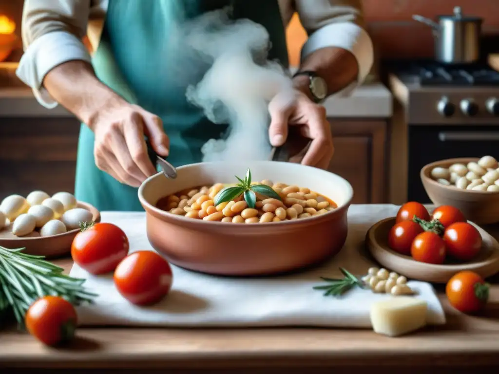 Un chef preparando Fagioli all'uccelletto en cocina toscana, con ingredientes tradicionales