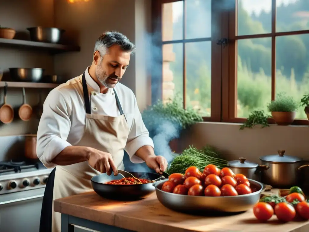 Un chef apasionado preparando Cacciatore en una cocina italiana tradicional