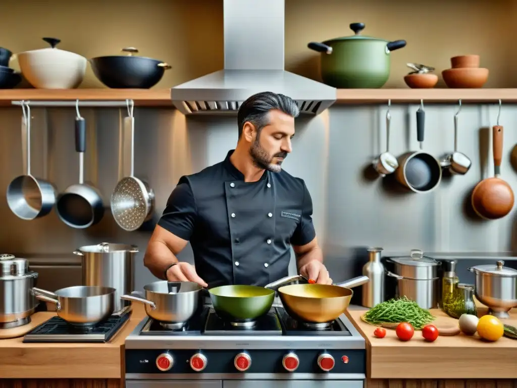 Cocina italiana: tradición e innovación en armonía Un chef apasionado preparando plato italiano rodeado de utensilios de cocina italiana innovadores y tradicionales