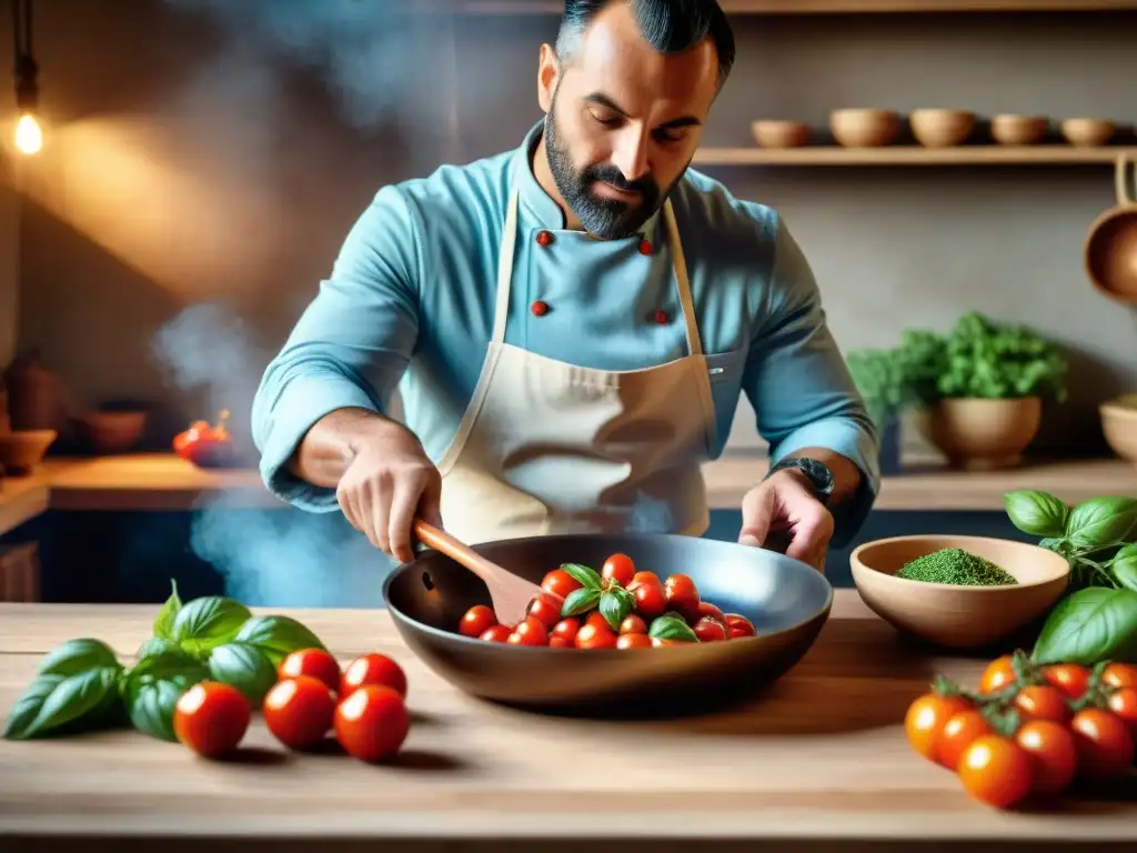 Un chef apasionado prepara plato tradicional en cocina rústica de Umbría con sabores intensos