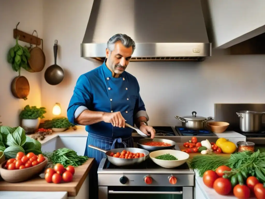 Un chef apasionado preparando platos italianos en una bulliciosa cocina, rodeado de ingredientes frescos y coloridos de la Costa Amalfitana