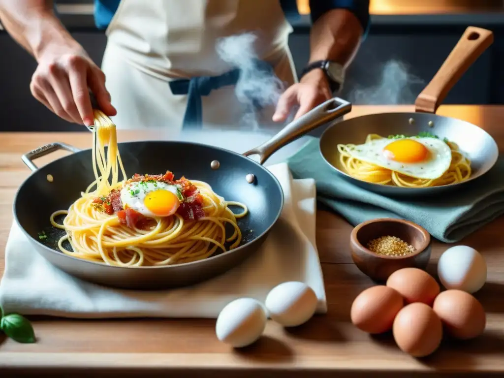 Un chef preparando la auténtica carbonara en una cocina tradicional italiana