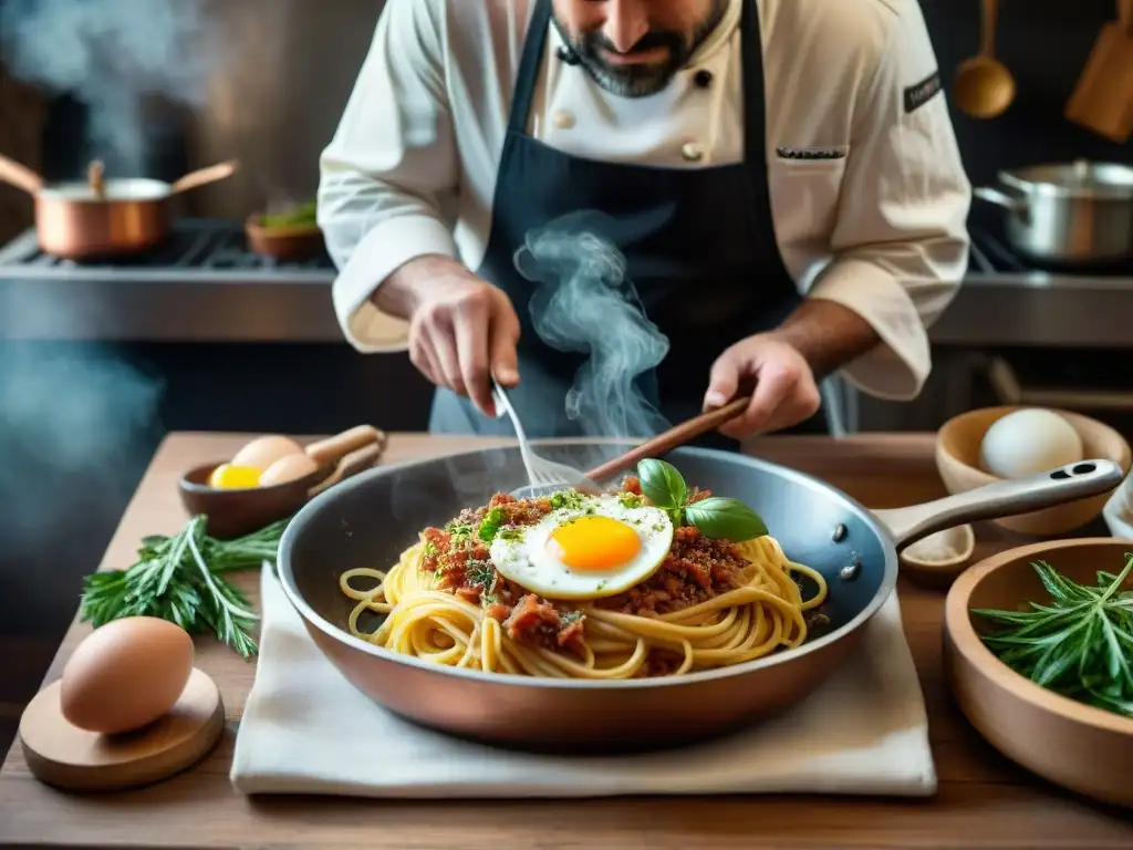 Chef preparando auténtica carbonara en cocina romana tradicional