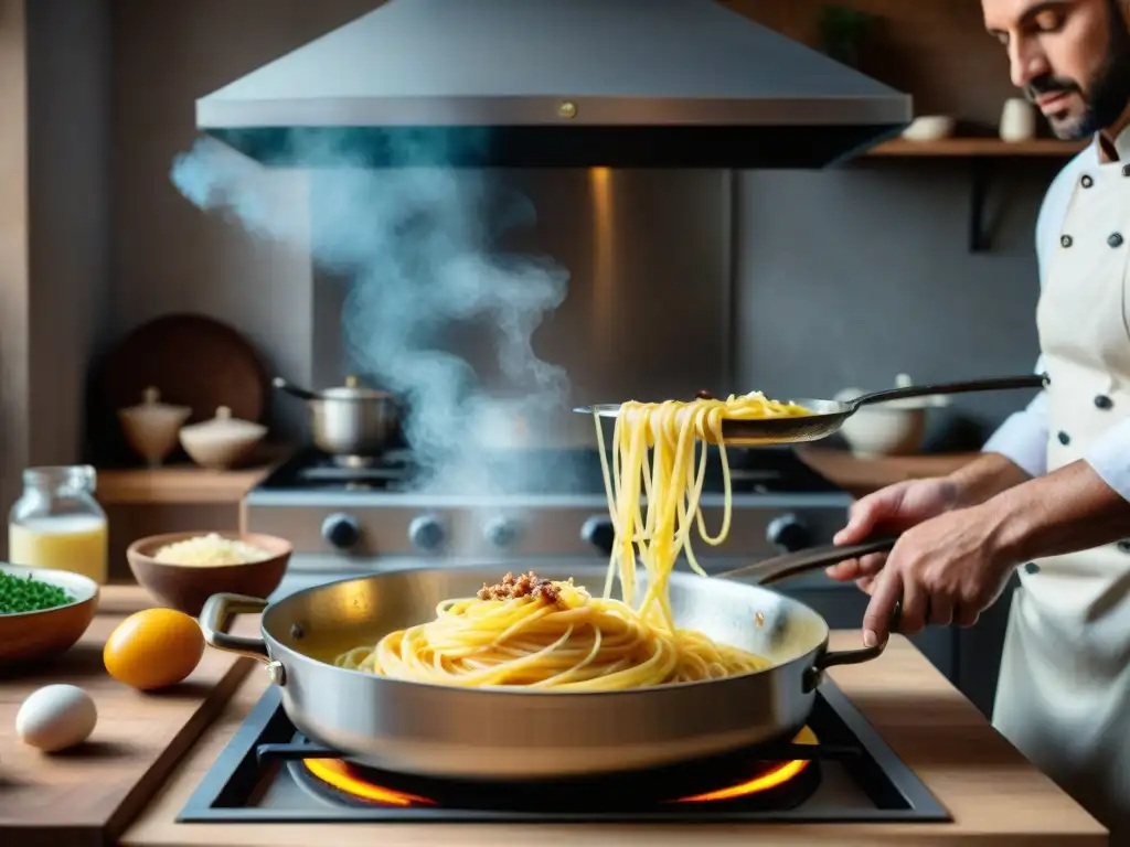 Chef preparando una auténtica Carbonara con maestría en cocina romana