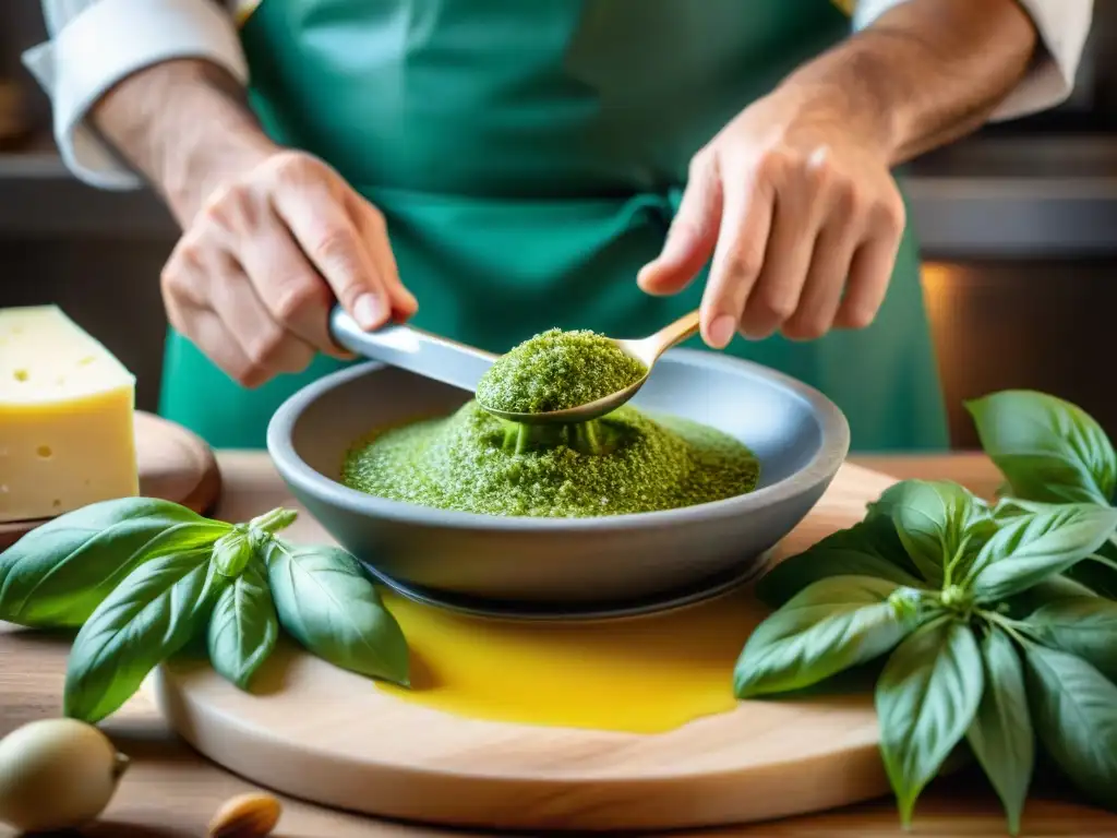 Un chef prepara una auténtica receta de Pesto Genovese en una cocina tradicional italiana en Liguria