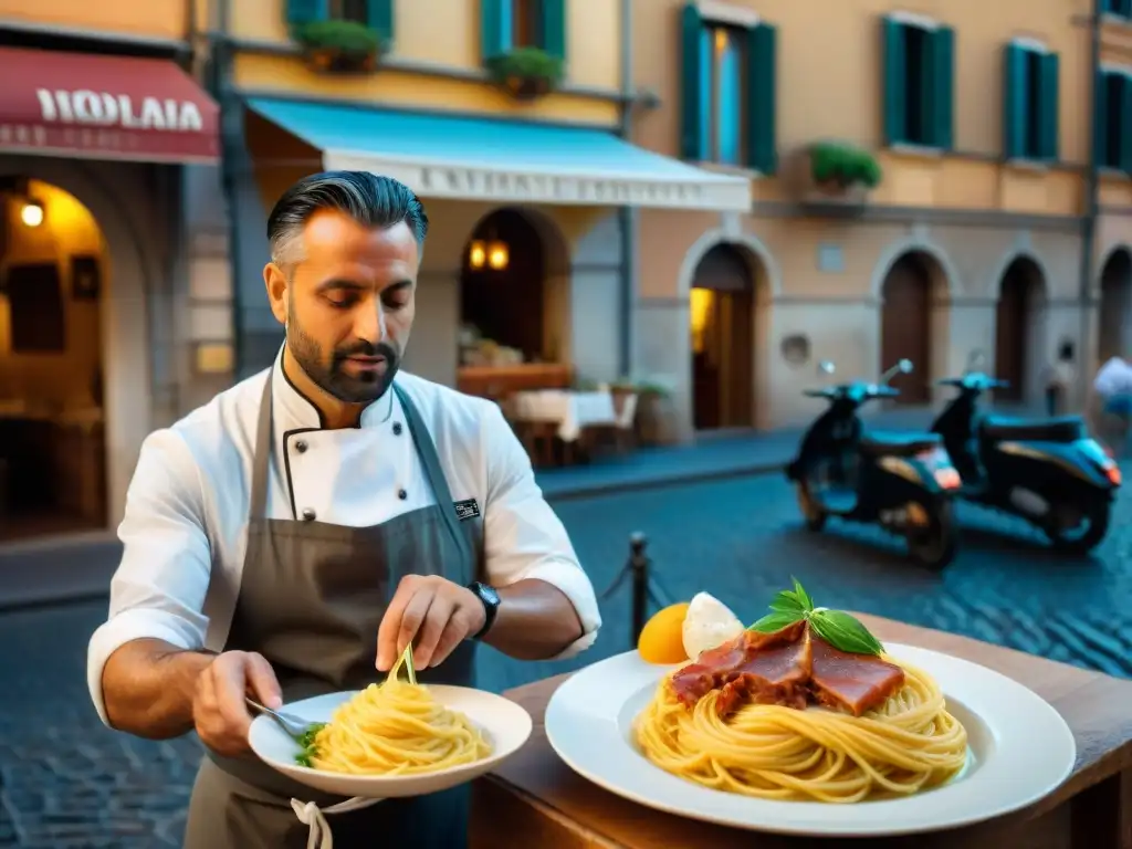 Un chef preparando una auténtica salsa carbonara tradicional en una trattoria romana al atardecer