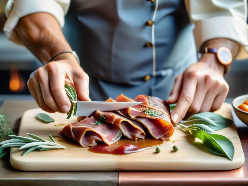 Un chef hábil preparando auténtica saltimbocca italiana con técnica experta