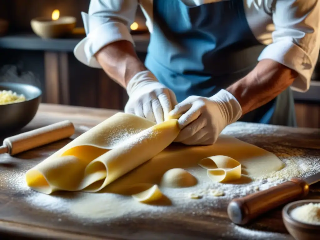 Un chef auténtico amasa pasta fresca en una cocina rústica, iluminada tenuemente