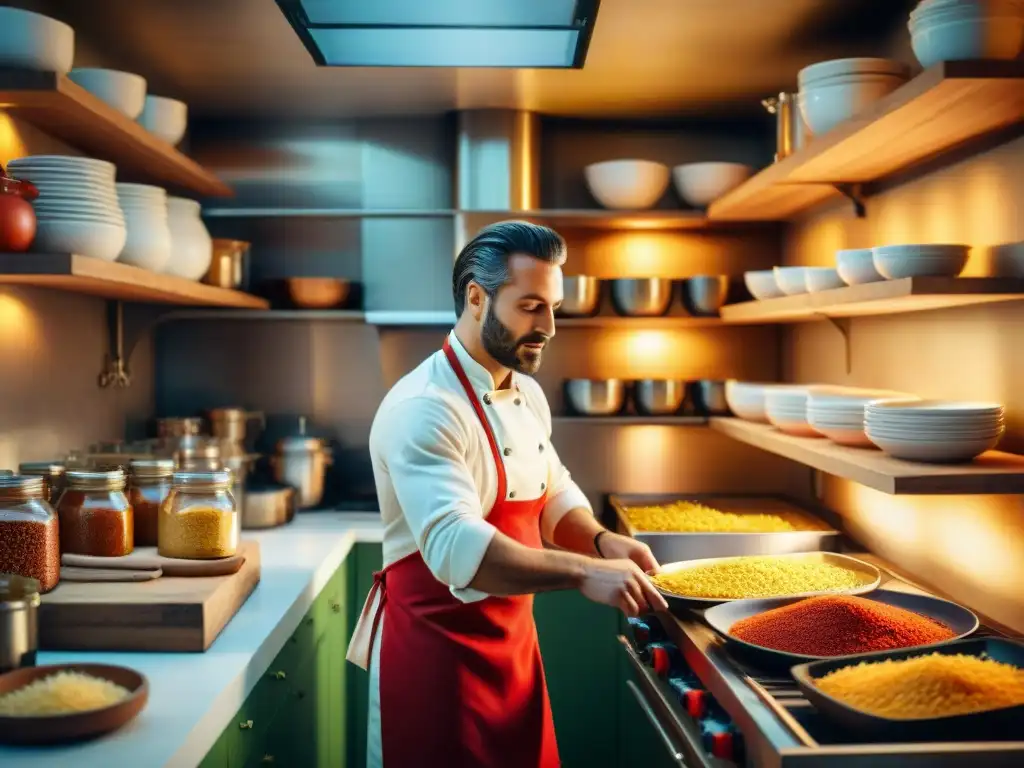 Un chef saca una bandeja de pasta al horno dorada de un horno tradicional en una acogedora cocina rústica italiana