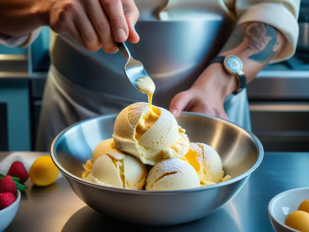 Chef mezclando base de helado en bol de acero inoxidable, iluminado por la ventana