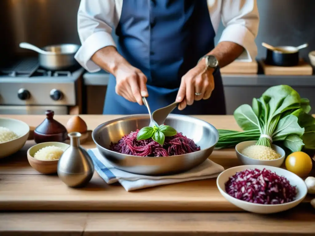 Un chef hábil preparando Bigoli con l'Anatra en una cocina veneciana tradicional, rodeado de ingredientes regionales