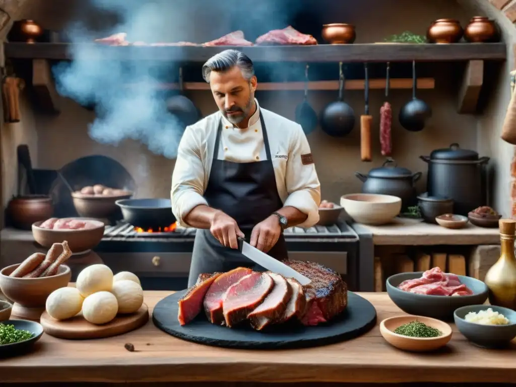 Un chef prepara una bistecca alla fiorentina en una cocina toscana, mostrando las técnicas de cocción de carnes italianas