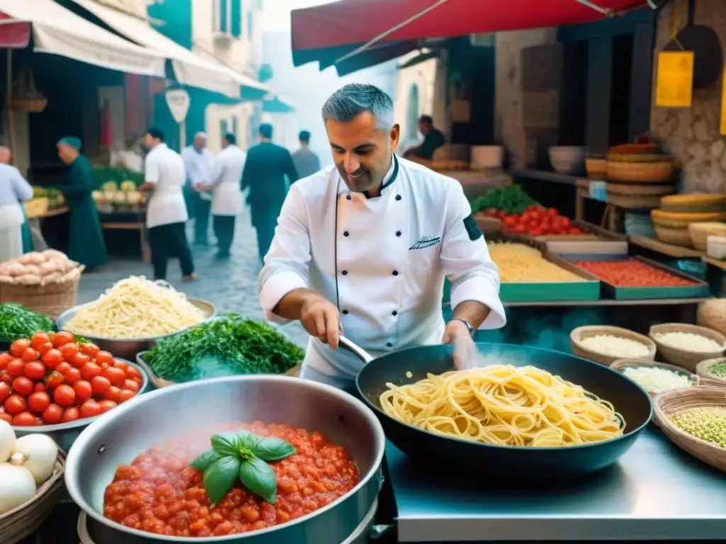 Un chef prepara Ciceri e Tria en una bulliciosa calle de Apulia, Italia, rodeado de ingredientes frescos