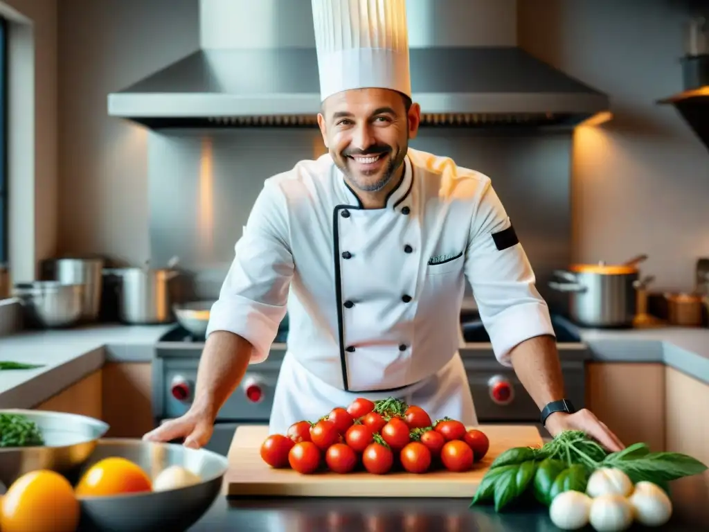 Chef en una bulliciosa cocina italiana moderna, creando platos italianos modernizados con ingredientes tradicionales