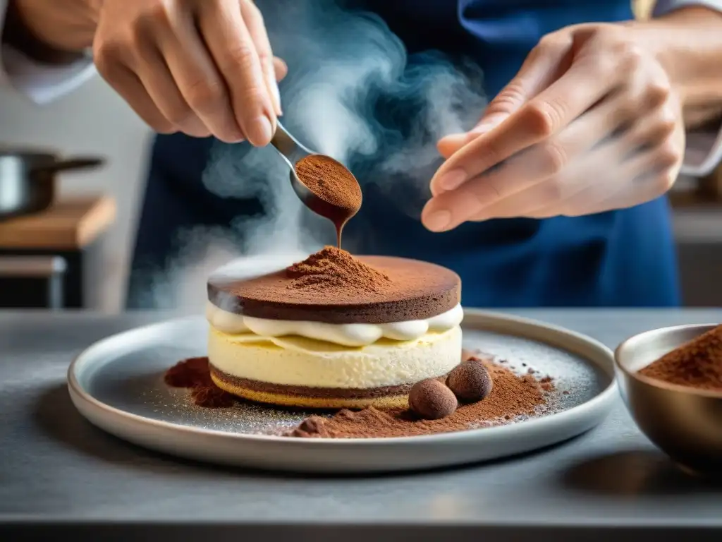 Chef espolvoreando cacao sobre un tiramisú recién hecho, mostrando el origen y receta auténtica del postre italiano