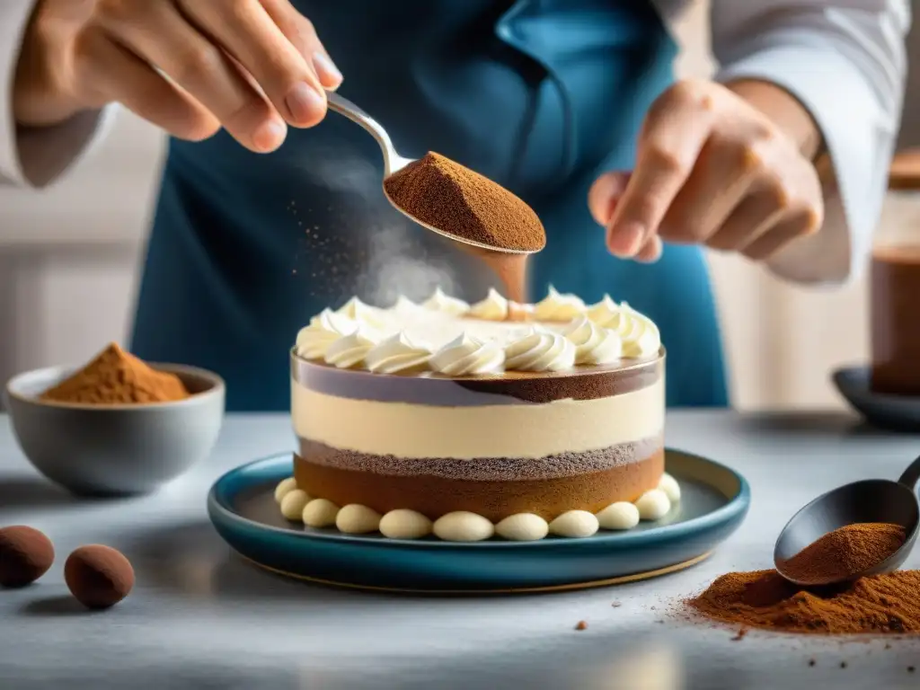 Un chef espolvoreando cacao sobre un tiramisú perfecto en una cocina rústica