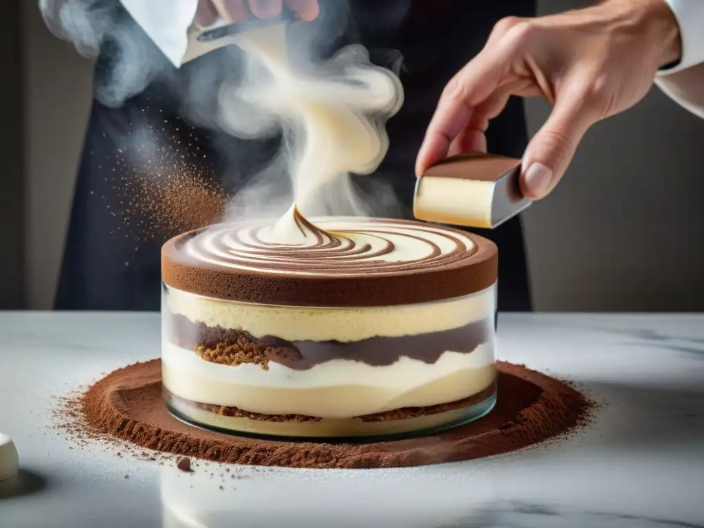 El chef espolvorea cacao sobre un tiramisú rápido para paladares exigentes en una cocina minimalista