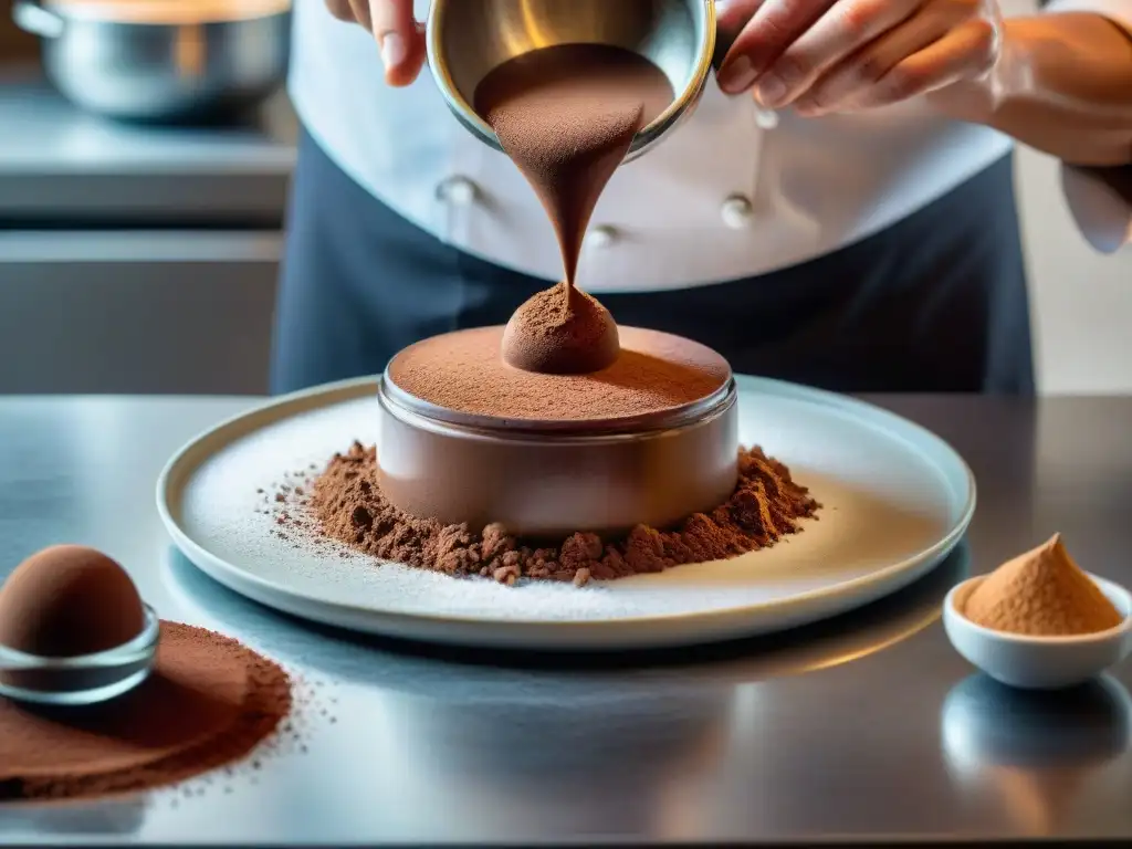 Un chef espolvoreando cacao sobre un tiramisú, destacando las técnicas del postre italiano inolvidable