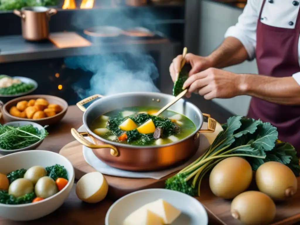 Un chef prepara Caldo Verde en una cocina italiana con influencia portuguesa