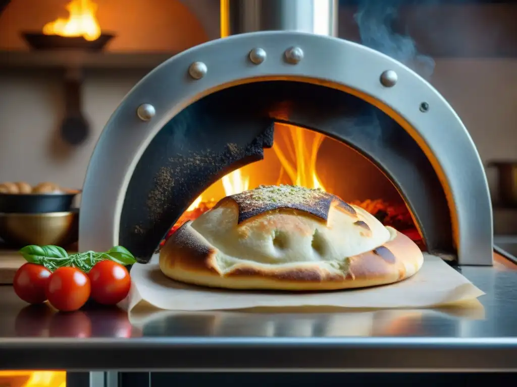 Un chef preparando calzones en un horno de leña, evocando tradición y maestría culinaria