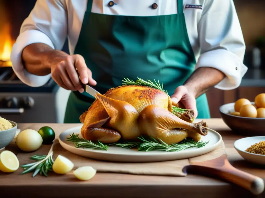 Chef preparando con maestría un capón relleno italiano en una cocina tradicional